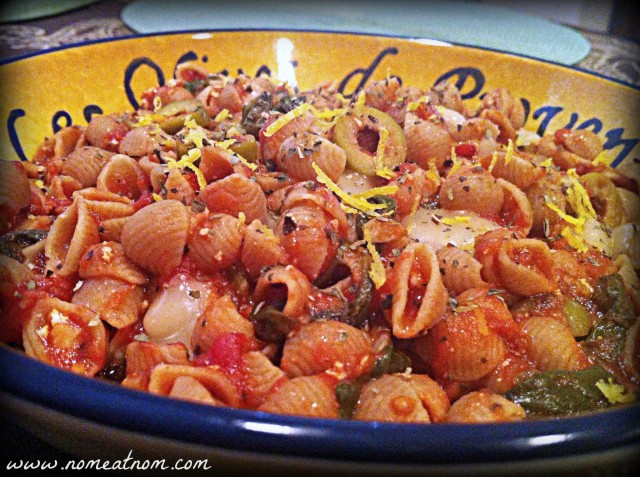 Green Olive and Tomato Pasta Close Up